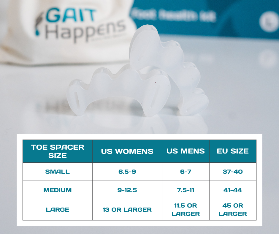 Toe spacer size chart